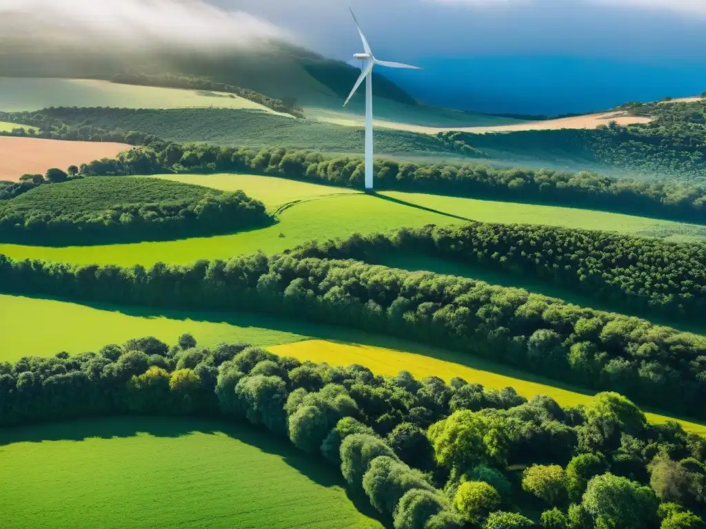 Vista aérea impresionante de paisaje verde en Uruguay con molinos y paneles solares, simbolizando compromiso con la inversión ética