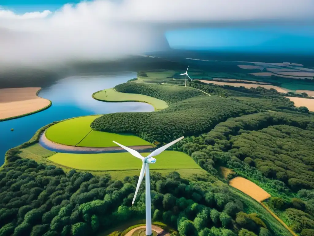 Vista aérea impresionante de paisaje verde en Uruguay con hospital sostenible