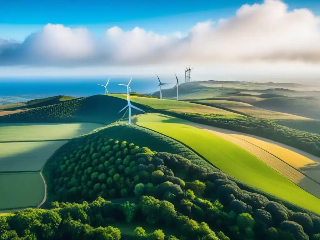 Vista aérea impresionante de un paisaje verde en Uruguay con molinos y paneles solares, reflejando el estilo de vida sostenible en Uruguay