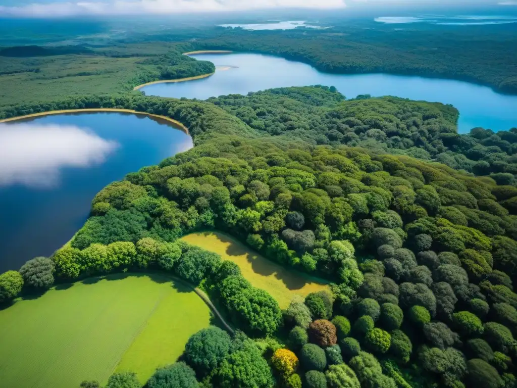 Vista aérea impresionante de paisajes verdes de Uruguay, con colinas, bosques y ríos bajo cielo azul