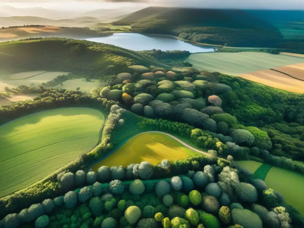 Vista aérea impresionante de Uruguay con paisajes verdes, río serpenteante y gente disfrutando actividades al aire libre