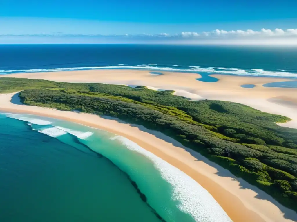 Vista aérea impresionante del Parque Nacional Cabo Polonio en Uruguay, con costa escarpada y exuberante naturaleza