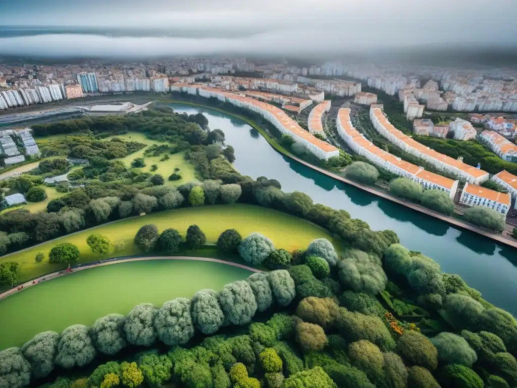 Vista aérea de Uruguay con instalaciones de salud modernas, áreas verdes y personas activas promoviendo la prevención de enfermedades crónicas