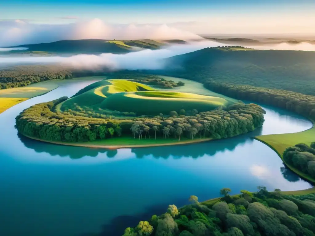 Vista aérea de paisaje verde en Uruguay con río, bosques, colinas, kayakistas y spa