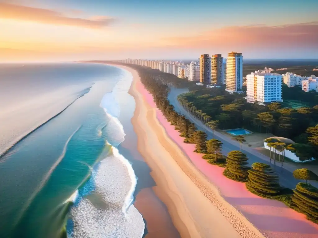 Vista aérea de Punta del Este al atardecer con la escultura de la mano y el skyline, reflejando el escape de bienestar en Uruguay