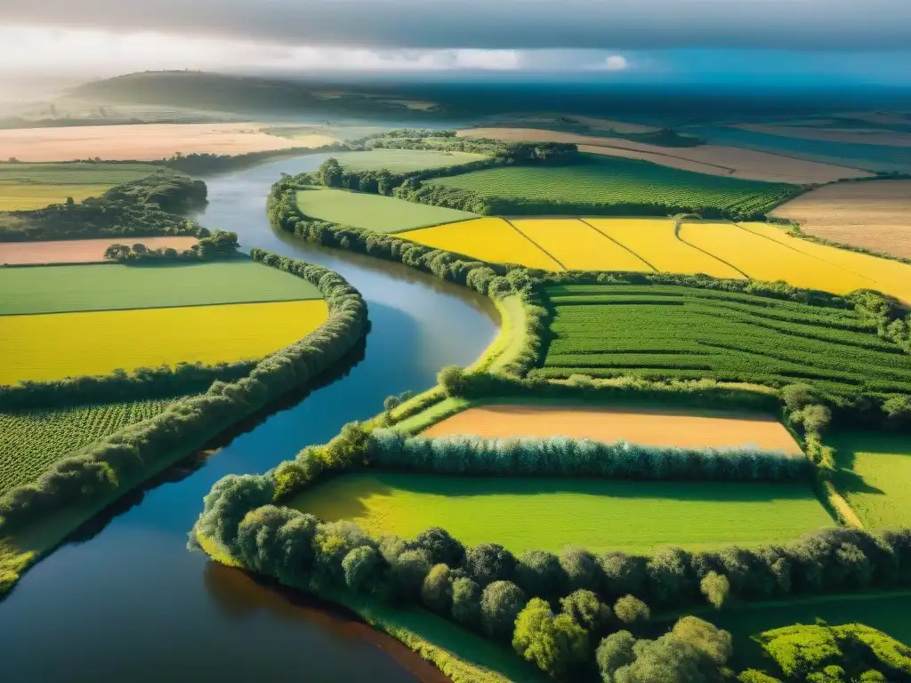 Vista aérea serena de paisaje rural verde en Uruguay, río cristalino refleja luz dorada, agricultores cuidan cultivos