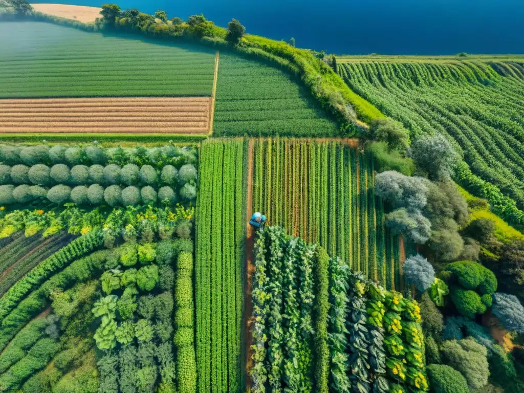 Vista aérea de agricultura sostenible en Uruguay con agricultores cosechando, destacando Alimentos Kilómetro Cero Uruguay