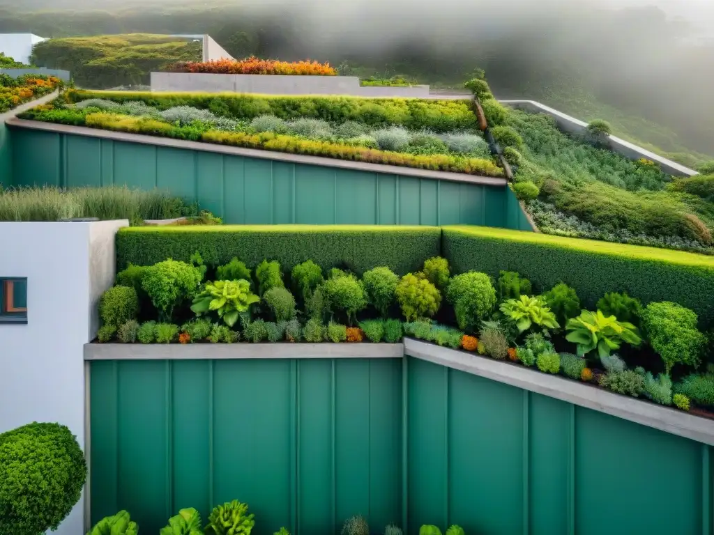 Vista aérea de techos verdes en Uruguay, integrando naturaleza en el paisaje urbano