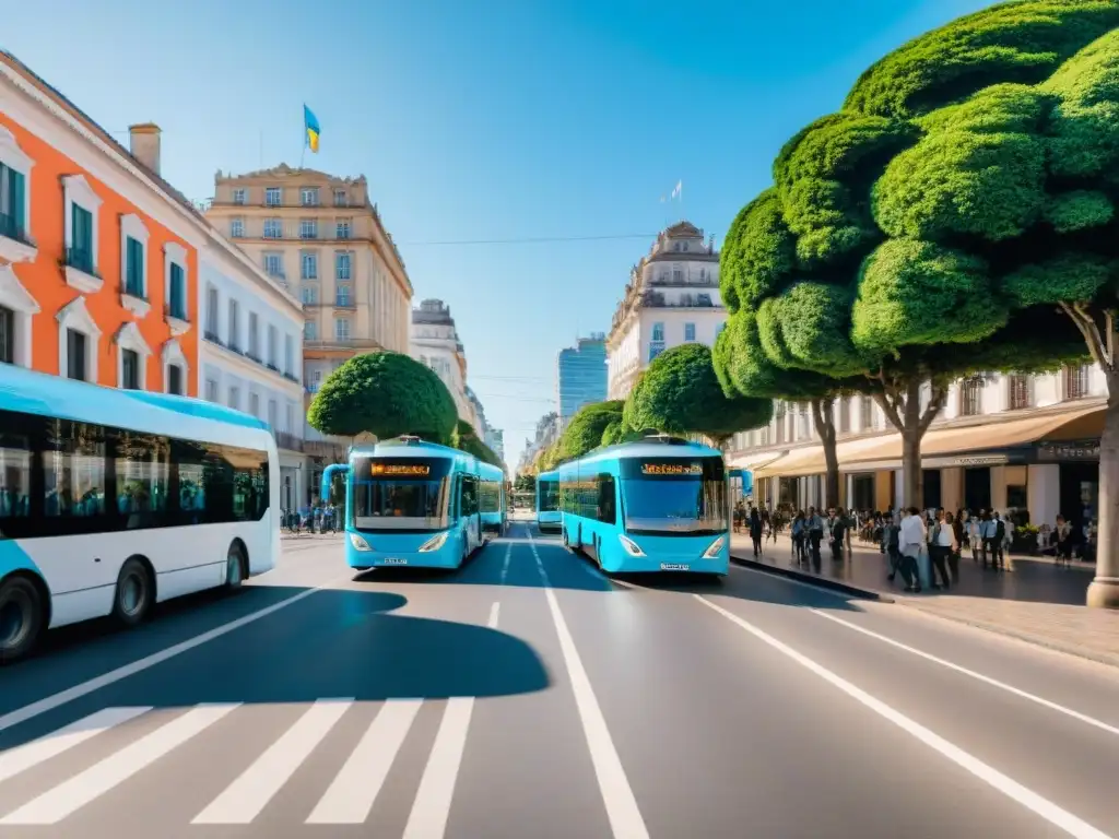 'Vista de una calle urbana en Uruguay con alternativas de transporte sostenible y paisajes verdes bajo un cielo azul claro