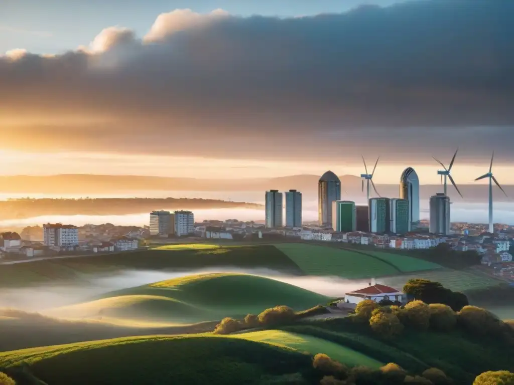 Vista de ciudad sostenible en Uruguay con edificios verdes y atardecer vibrante