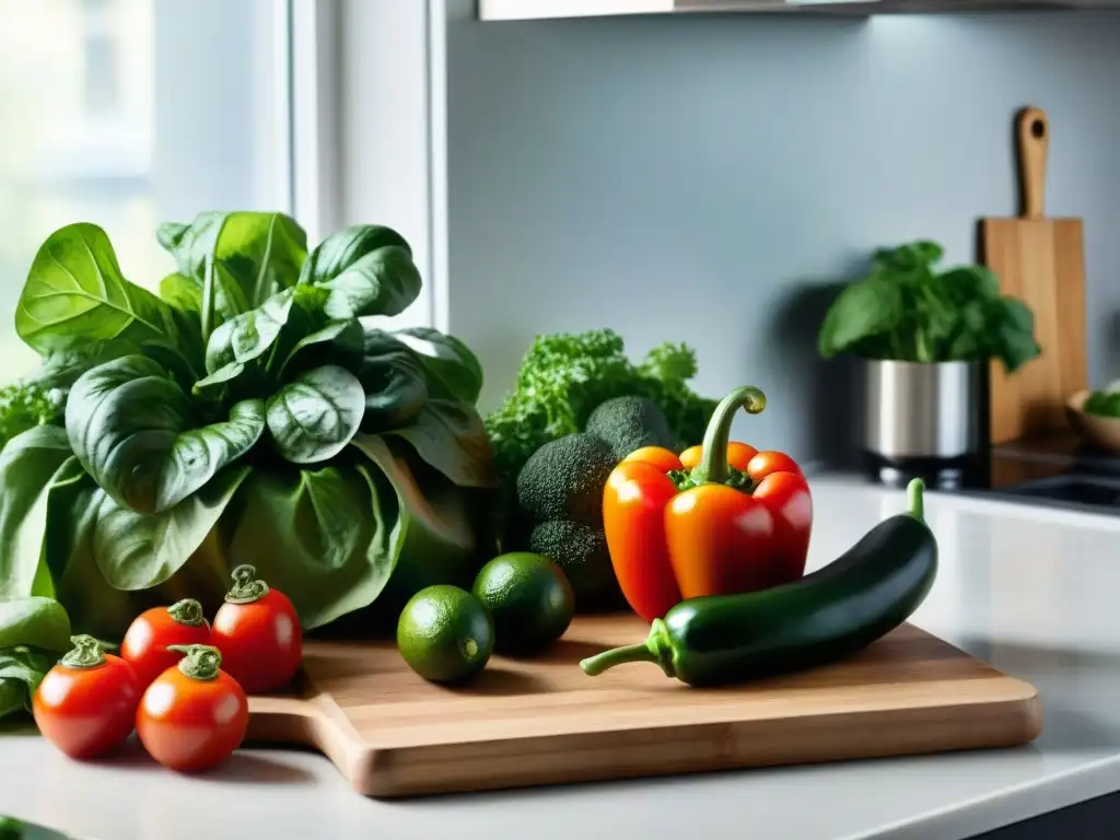 Una vista colorida de ingredientes frescos y orgánicos en una cocina minimalista