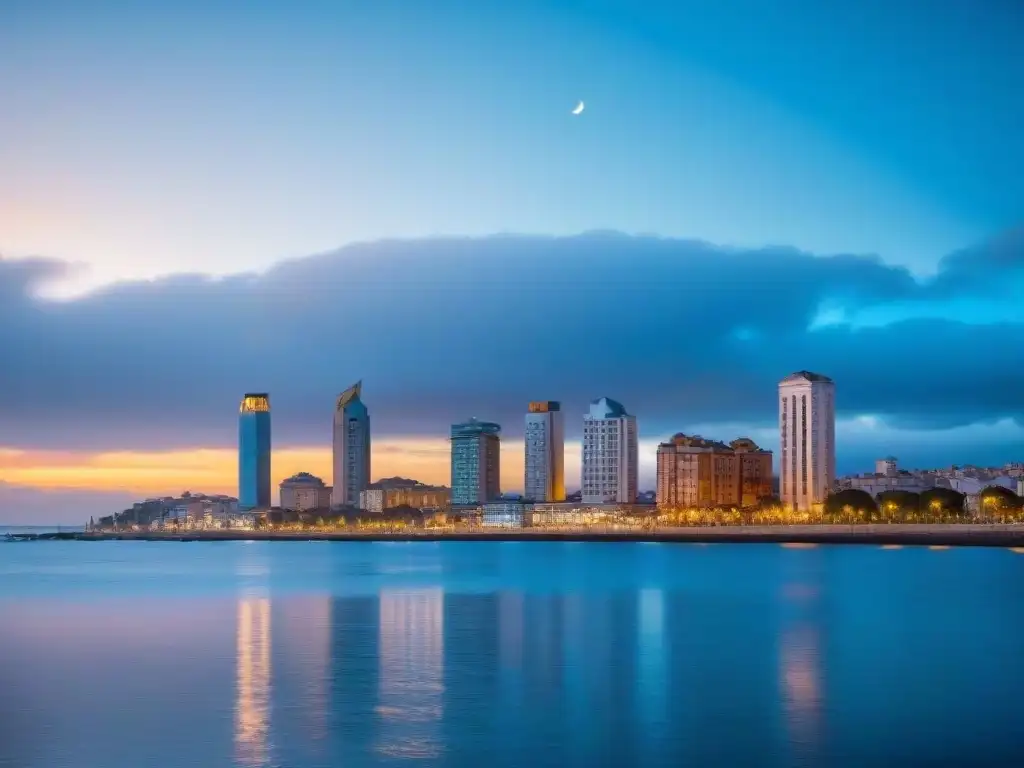 Vista detallada del atardecer en Montevideo, luces de la ciudad reflejadas en el Río de la Plata, promoviendo la protección ambiental en la ciudad