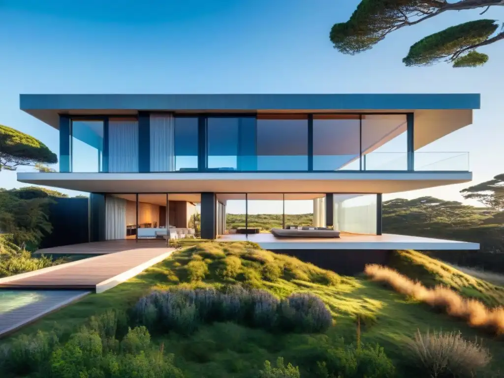 Vista detallada de la Casa Planar en Punta del Este, Uruguay, con diseño sostenible y elementos verdes