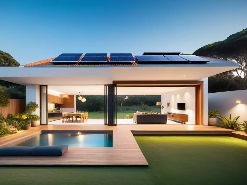 Vista detallada de casa sostenible en Uruguay con paneles solares, jardín verde y electrodomésticos inteligentes