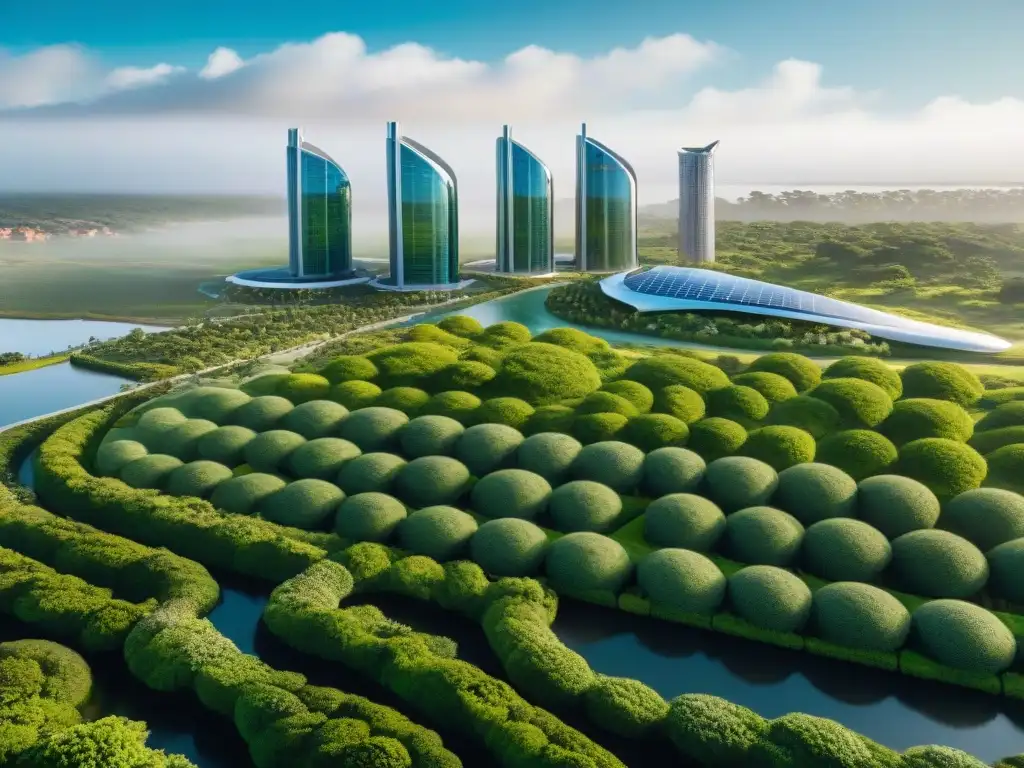 Vista detallada de una ciudad sostenible futurista en Uruguay con edificios verdes y tecnología inteligente, rodeada de naturaleza