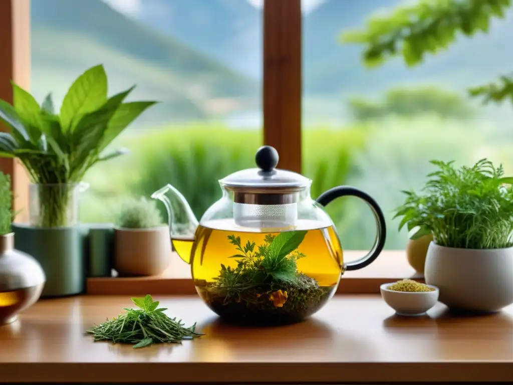 Vista detallada de una cocina moderna con un elegante tetera de vidrio de té de hierbas uruguayo salud, rodeada de hierbas frescas