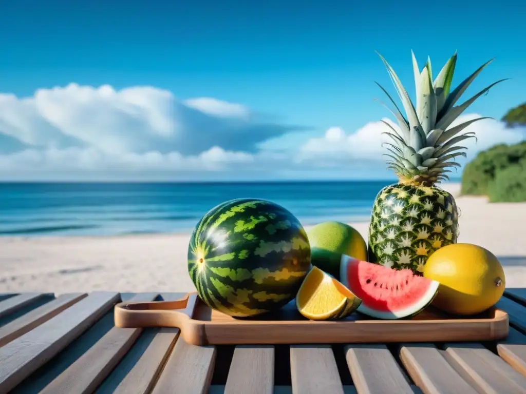 Vista detallada de una playa serena en Punta del Este, Uruguay, con frutas tropicales y un mensaje de hidratación en bienestar integral Uruguay