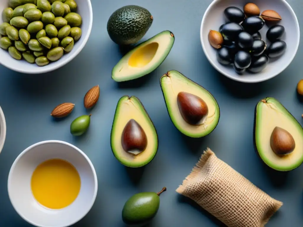 Una vista detallada y vibrante de una variedad colorida de aguacates, aceitunas, nueces y semillas en una encimera de cocina moderna