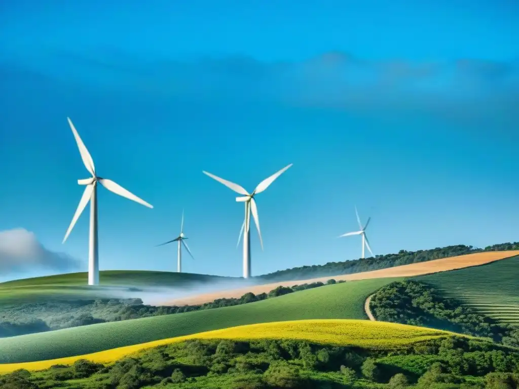 Vista ecoamigable de paisaje verde en Uruguay con molinos eólicos, reflejando sostenibilidad y belleza natural