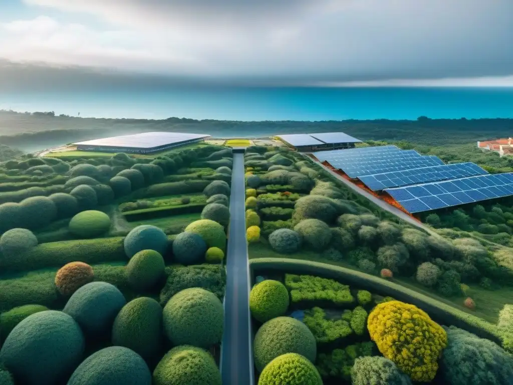 Vista futurista y sostenible de una ciudad en Uruguay: techos verdes, paneles solares, transporte público eficiente y bicicletas