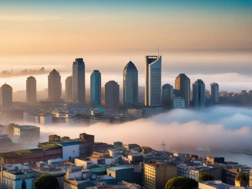 Vista impactante de Montevideo al atardecer con contaminación en el aire