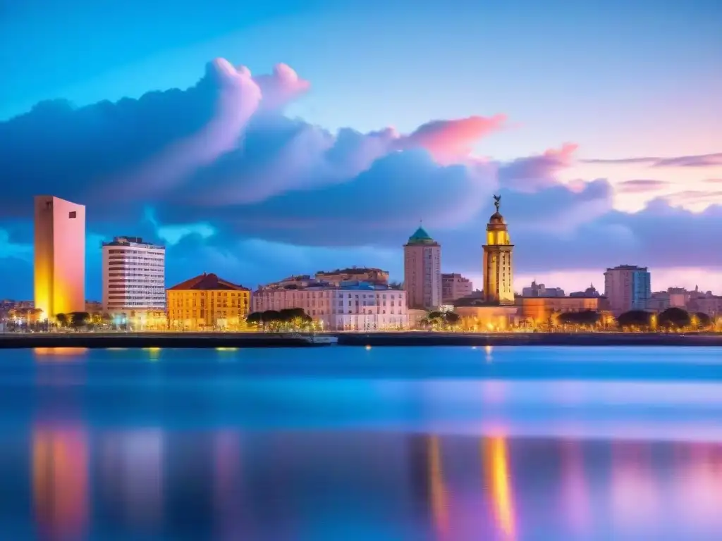 Vista nocturna de Montevideo, Uruguay, con luces de la ciudad y agua, simbolizando un futuro sostenible con 10 hábitos sostenibles en Uruguay