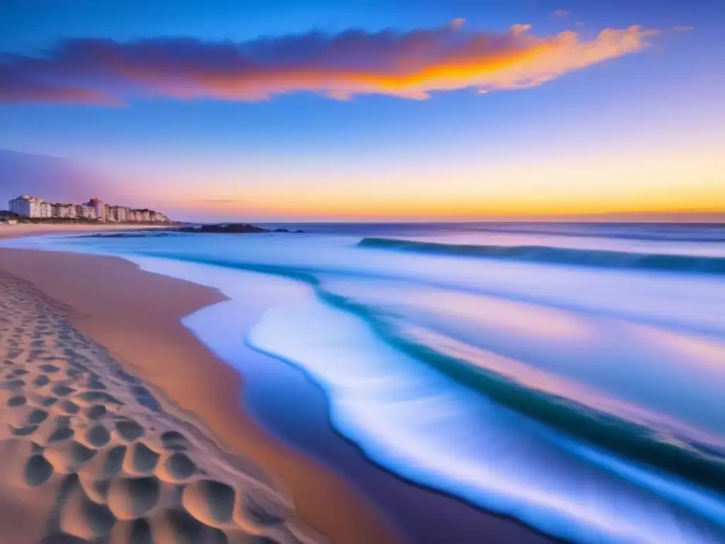 Vista panorámica de un amanecer pintoresco en Punta del Este, Uruguay, reflejando su belleza serena con tonos coloridos en el cielo y el mar tranquilo