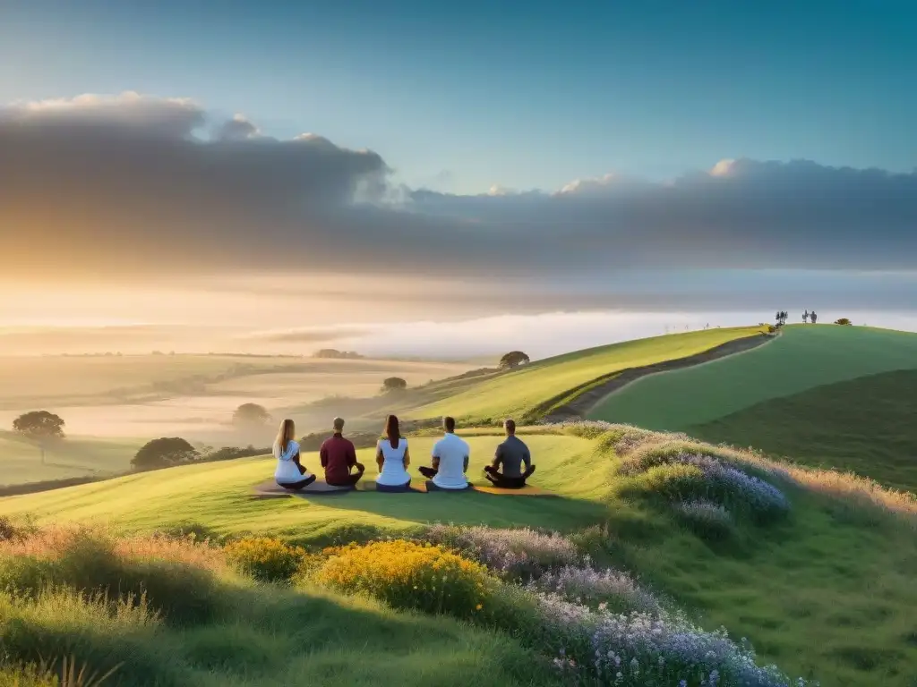 Vista panorámica de amanecer en colinas de Uruguay, donde se practica mindfulness