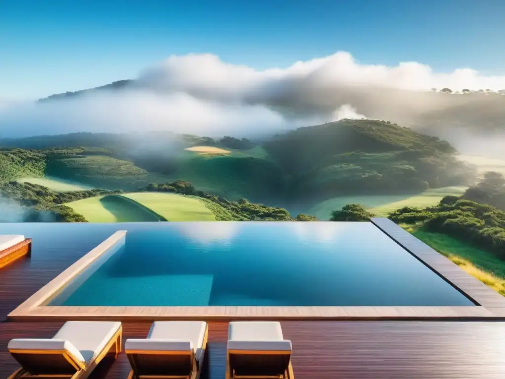 Vista panorámica de un lujoso spa en Uruguay con baños termales, piscina infinita y naturaleza serena bajo cielo azul