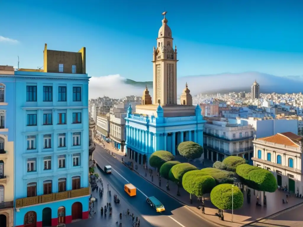 Una vista panorámica vibrante y diversa de Montevideo, capital de Uruguay, mostrando la integración efectiva en Uruguay bilingüe