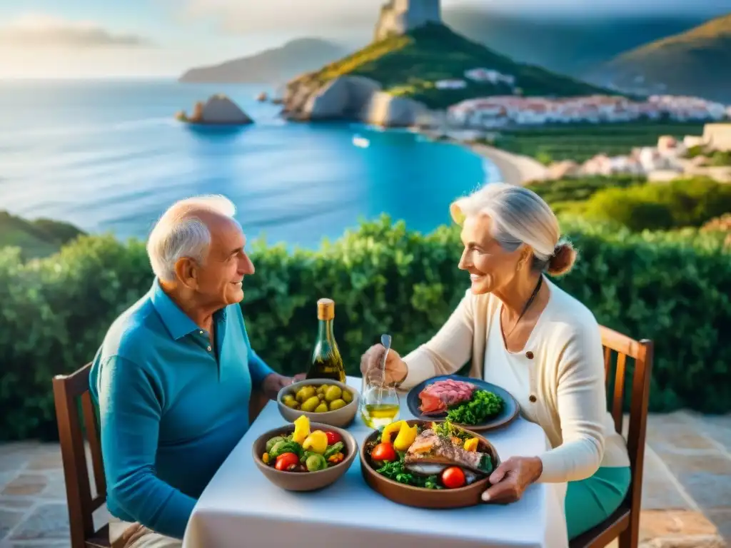 'Vista de pareja mayor disfrutando dieta mediterránea en terraza soleada con paisaje pintoresco