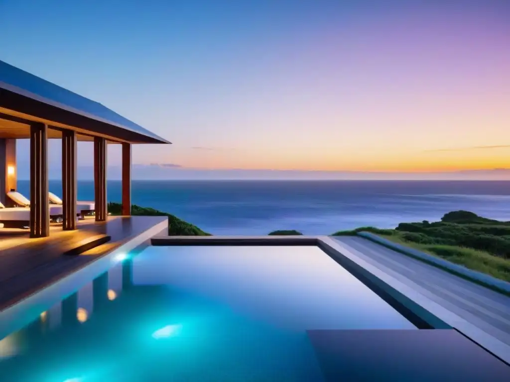 Vista relajante de spa de lujo en Uruguay con piscina infinita al atardecer