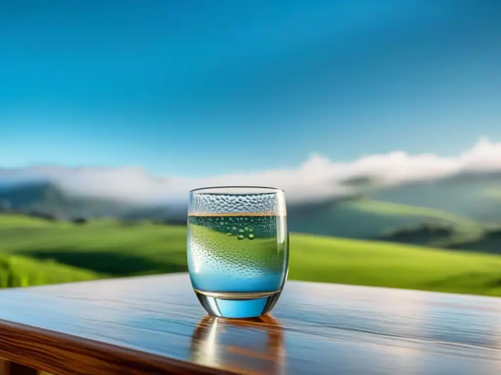 Vista serena de vaso de agua con gotas, en mesa de madera moderna con paisaje verde de Uruguay, simbolizando hidratación en bienestar integral