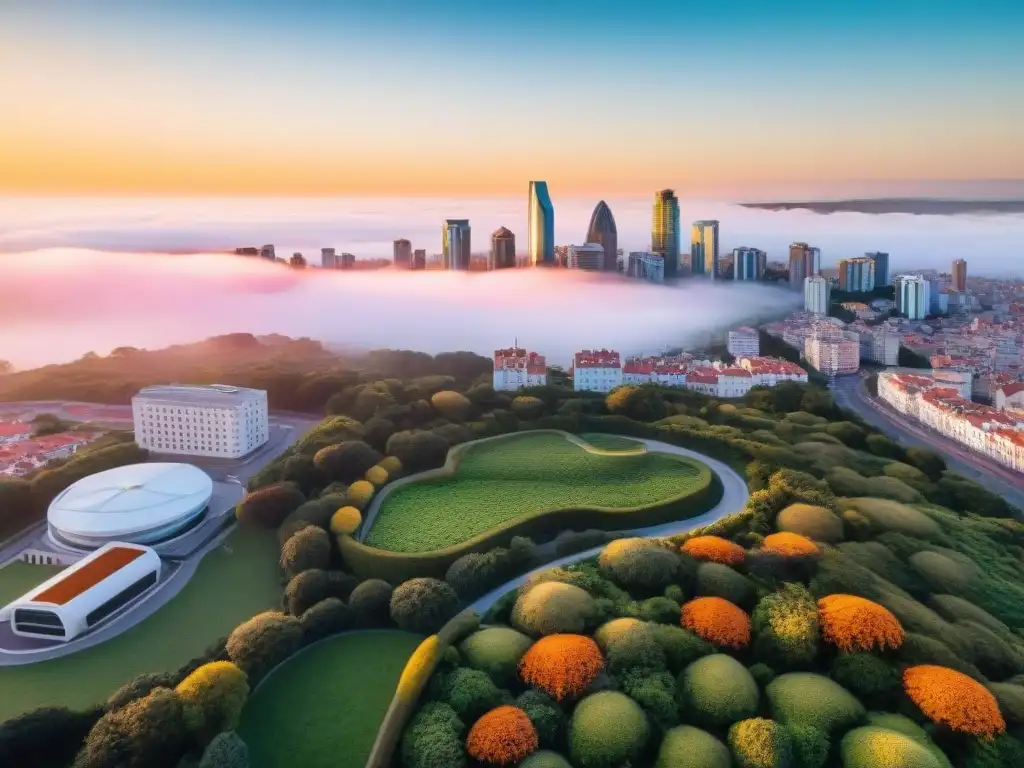 Vista urbana sostenible de Uruguay al atardecer, con edificios verdes y calles limpias