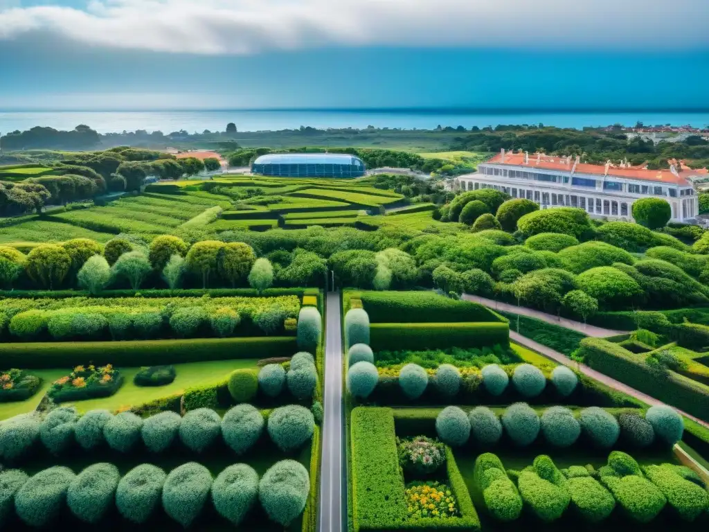 Vista urbana sostenible en Uruguay con edificios verdes y transporte eco