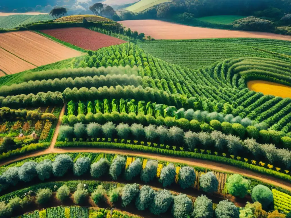 Vista aérea vibrante de una granja de permacultura en Uruguay sostenible, con cultivos coloridos y huerto comunitario bajo el sol sudamericano