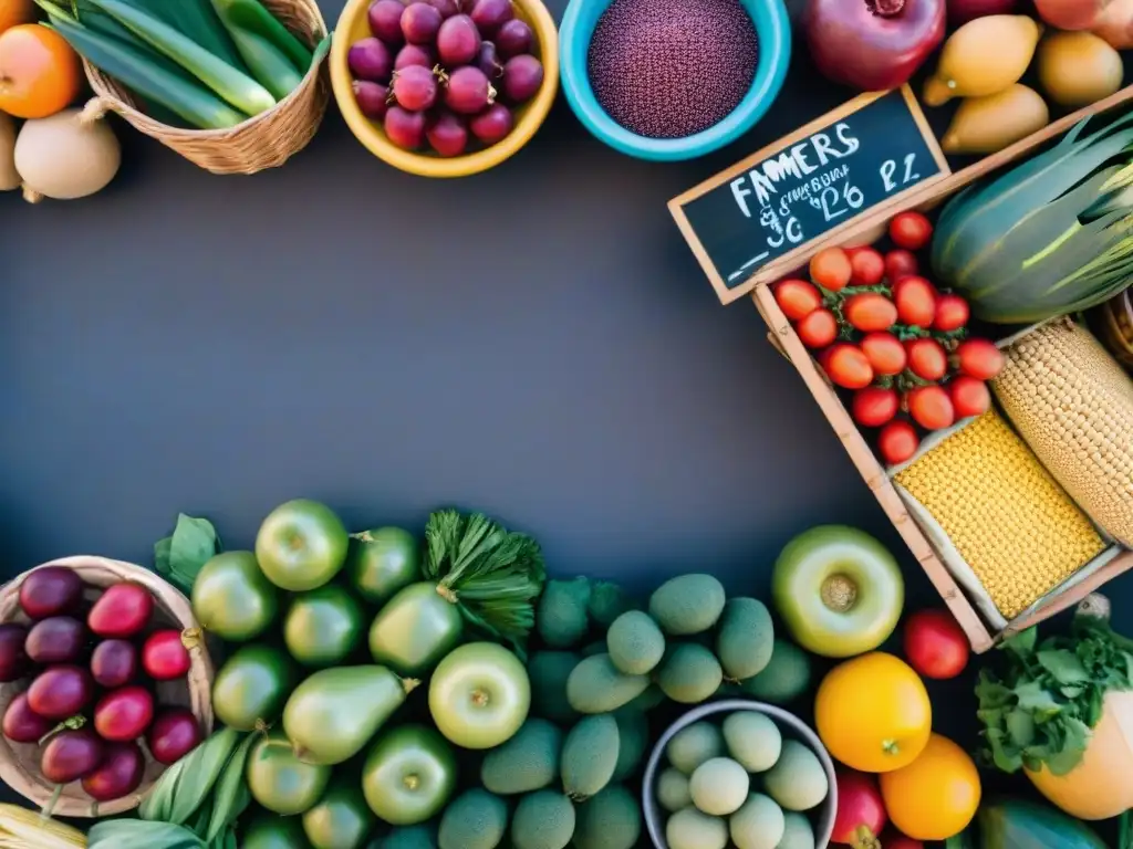 Una vista vibrante y moderna de un mercado de agricultores colorido en Uruguay, resaltando la importancia de una dieta sostenible y local