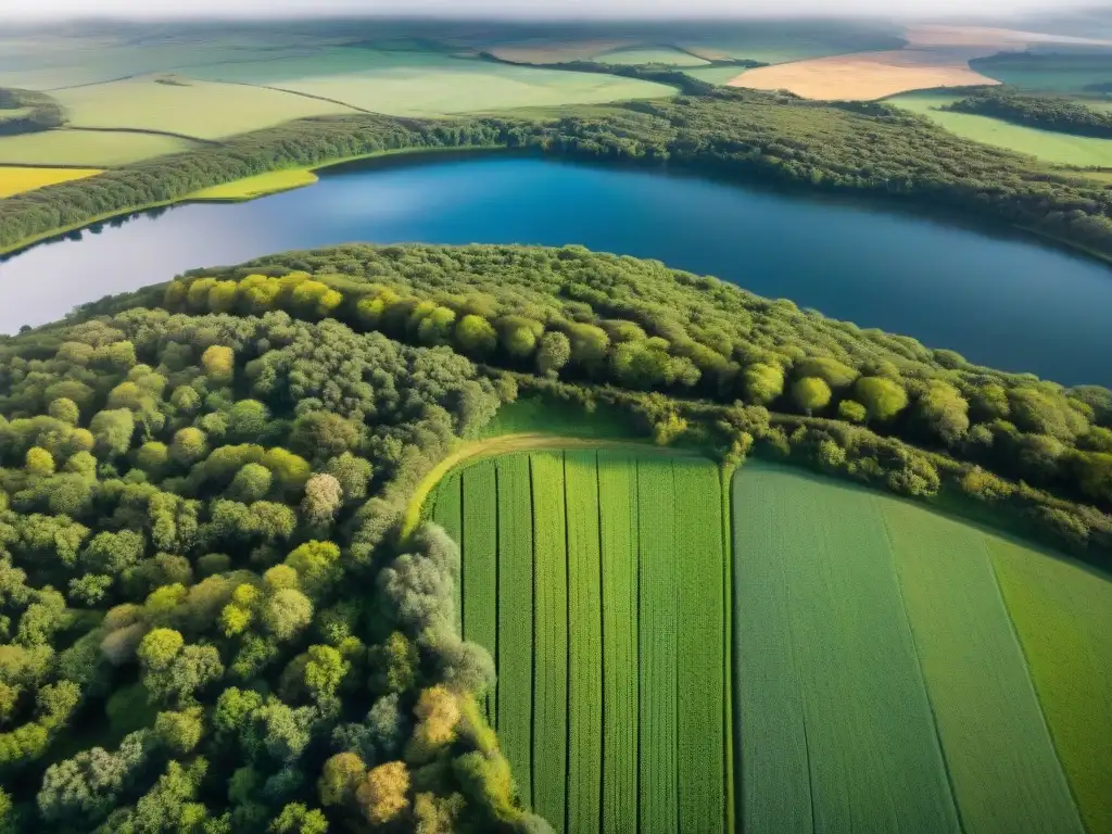 Vistas aéreas impresionantes de colinas verdes en Uruguay, con un río cristalino serpenteando entre flores silvestres y árboles altos