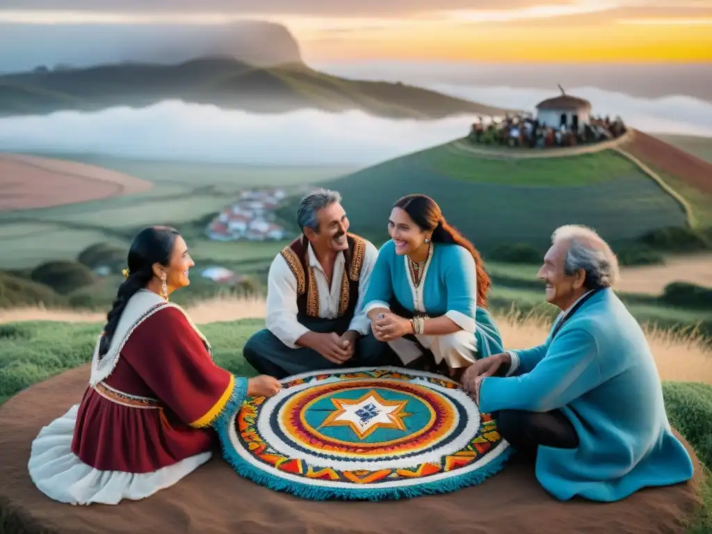 Vívida escena de familia uruguaya compartiendo mate al atardecer