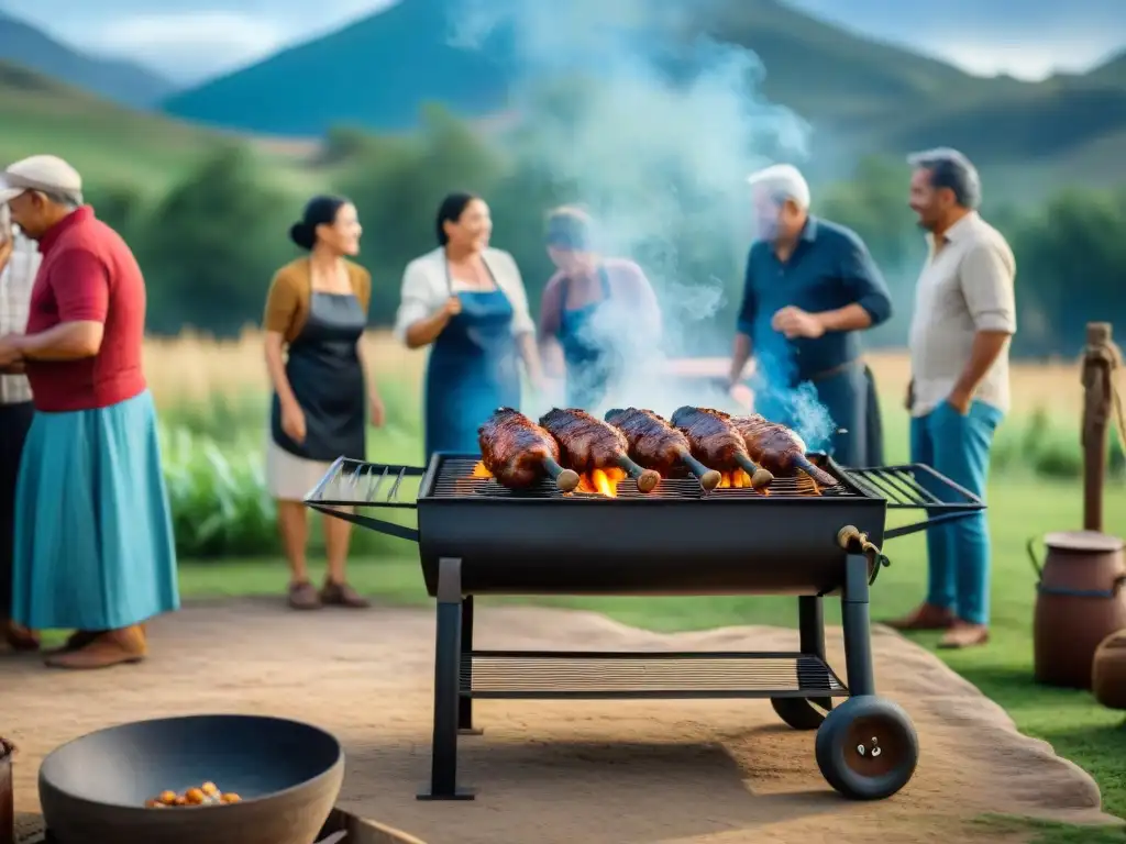 Vívida escena de familia unida en un asado uruguayo tradicional, donde tradiciones fortalecen lazos familiares