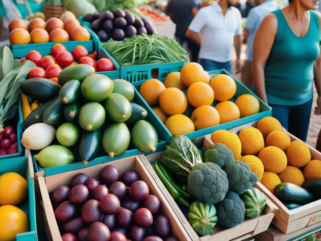 Vívida feria de Montevideo, Uruguay, con frutas y verduras coloridas, promoviendo la prevención de la obesidad y dieta equilibrada