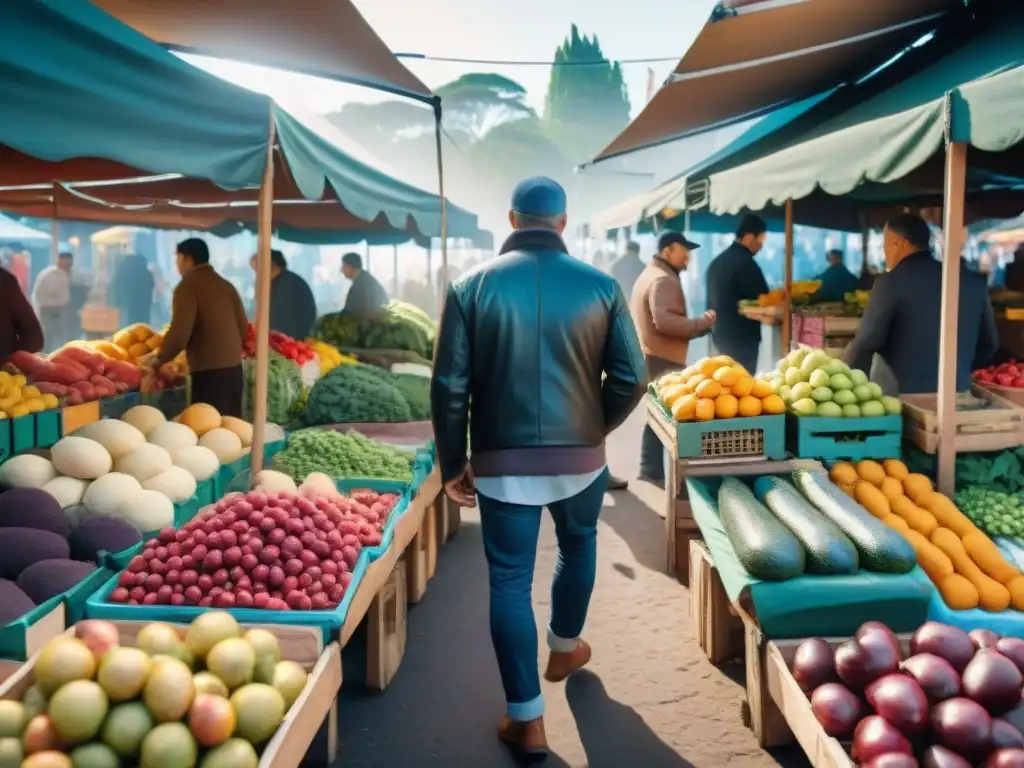 Vívido mercado de bienestar y salud en Uruguay, con frutas frescas y productos locales, clientes diversos y arquitectura tradicional