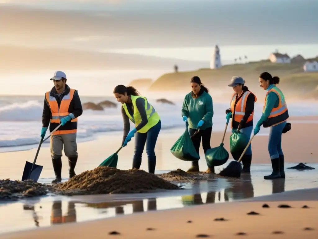 Voluntariado ambiental en Uruguay: Diversidad y colaboración en la limpieza de una hermosa playa al atardecer