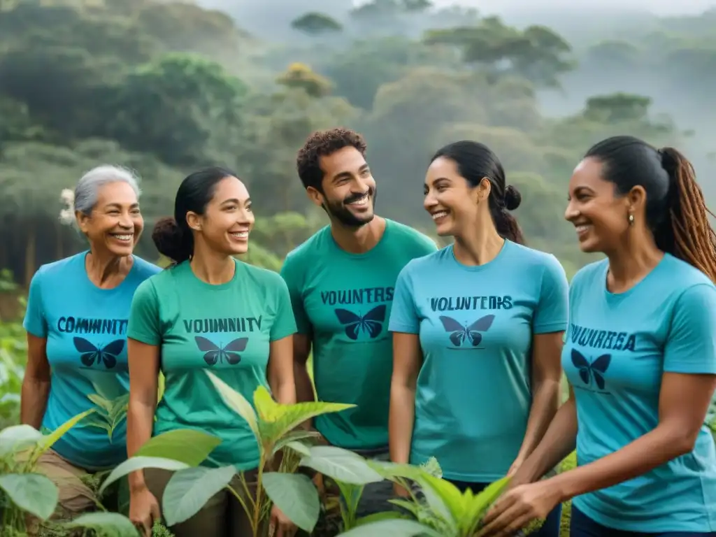 Voluntariado ambiental en Uruguay: Grupo diverso plantando árboles en un bosque frondoso, con mariposas y luz filtrándose