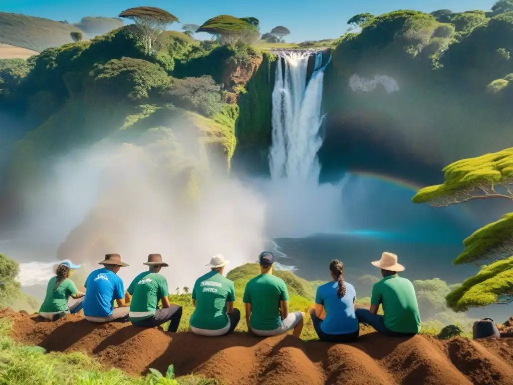 Voluntariado ambiental en Uruguay: Grupo diverso planta árboles en exuberante bosque con cascada al fondo