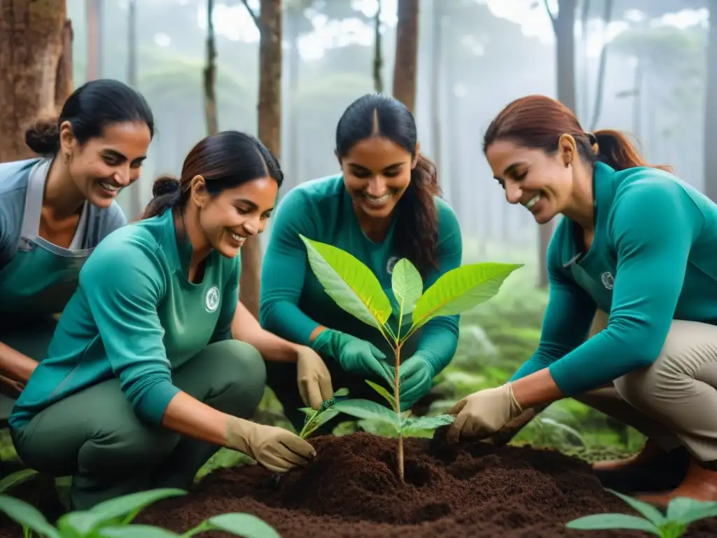 Voluntariado ambiental en Uruguay: Grupo diverso planta árboles en un bosque exuberante y vibrante