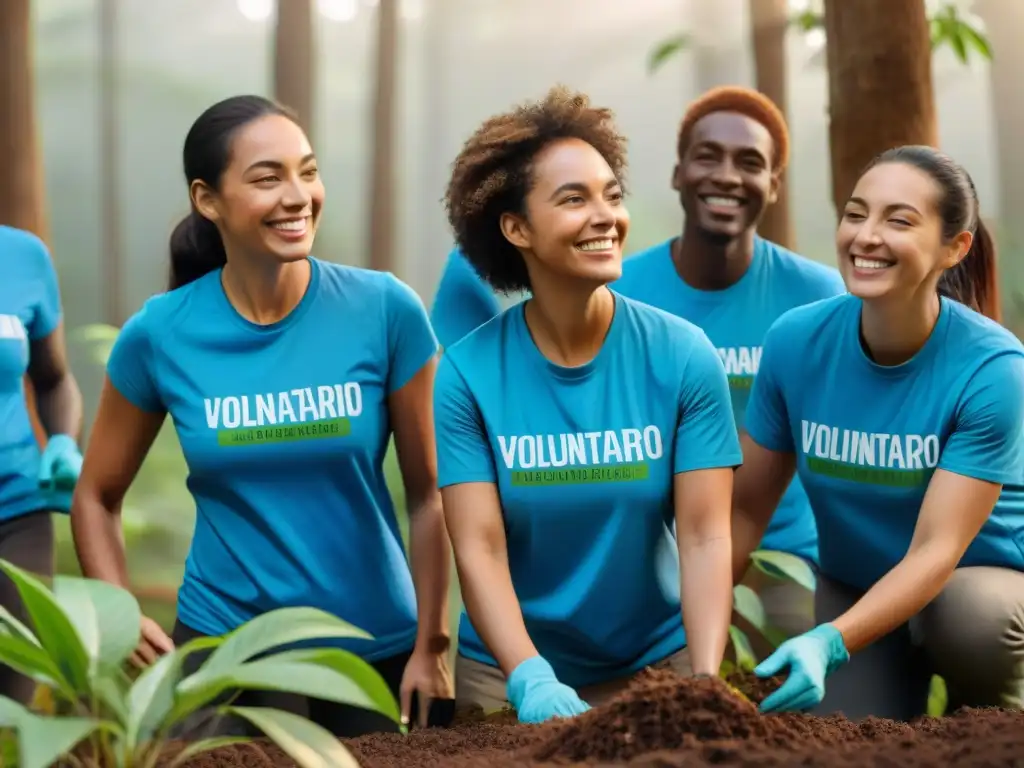 Voluntariado ambiental en Uruguay: Voluntarios plantan árboles nativos en un bosque verde, bajo el sol brillante