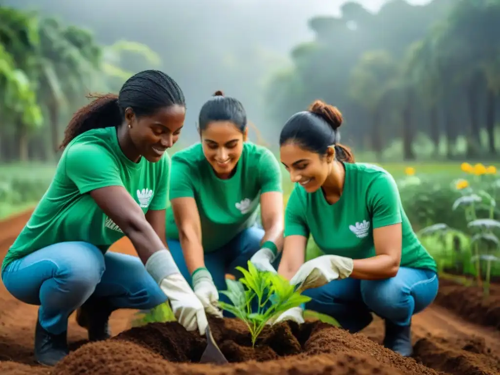 Voluntariado ambiental en Uruguay: Voluntarios plantando árboles en un bosque exuberante bajo el sol brillante