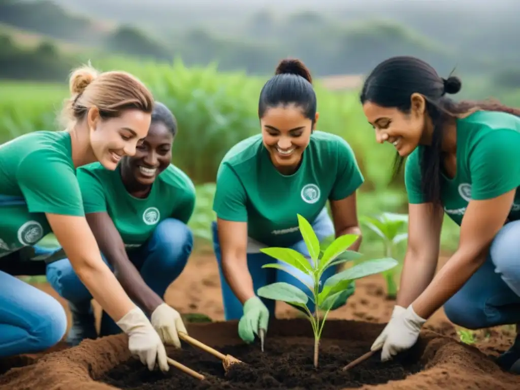 Voluntariado ambiental en Uruguay: Diversos voluntarios plantando árboles en un bosque verde, creando esperanza y renovación