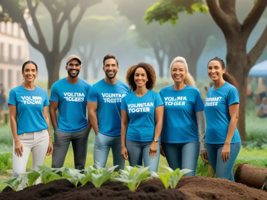 Voluntariado plantando árboles en parque de Montevideo, transmitiendo unión y bienestar social en Uruguay